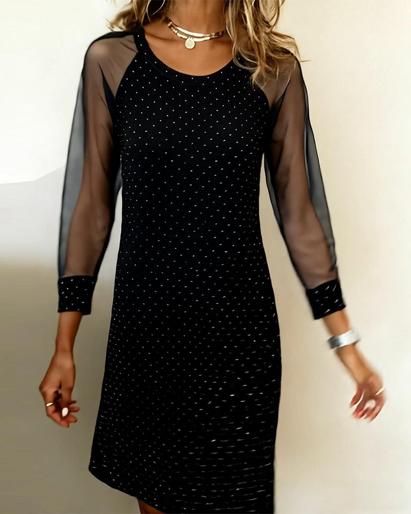Round Neck Mesh Stitching Long Sleeve Dress
