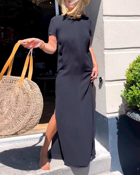 Solid color short sleeve elegant dress