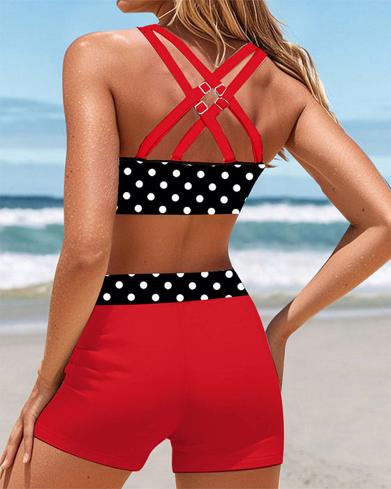 Sporty Polka Dot Print Boxer Swimsuit