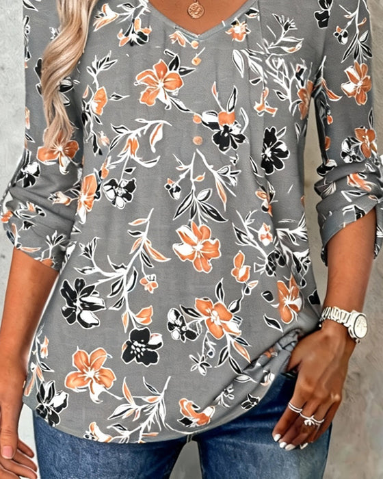 V-neck leaf print top