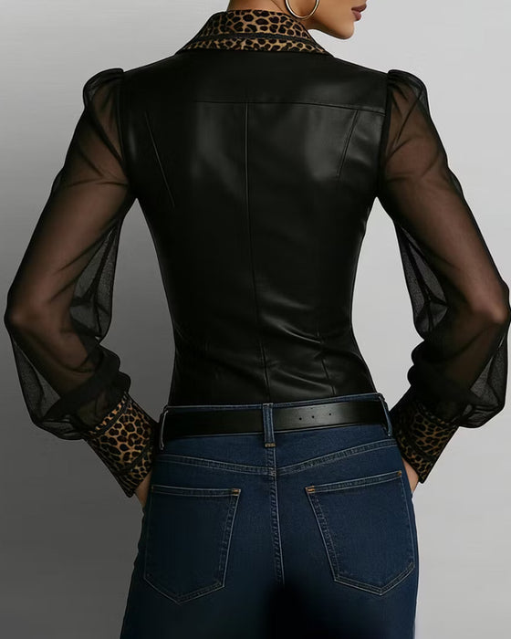 Lapel V-Neck Leopard Print Patchwork Top
