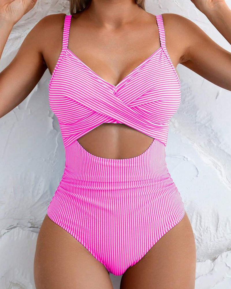 Striped Cutout Lace-Up One-Piece Swimsuit
