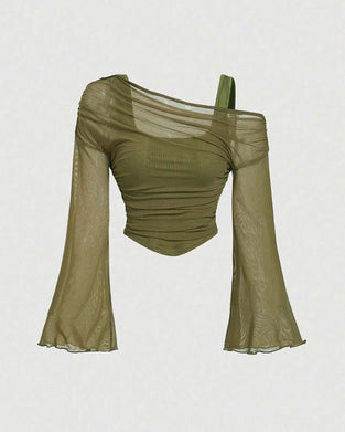 Mesh Ruffled Long Sleeve Cami Blouse