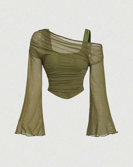 Mesh Ruffled Long Sleeve Cami Blouse