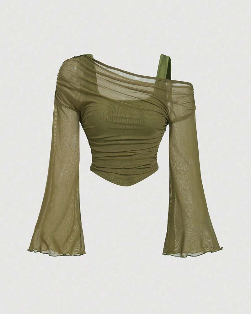 Mesh Ruffled Long Sleeve Cami Blouse