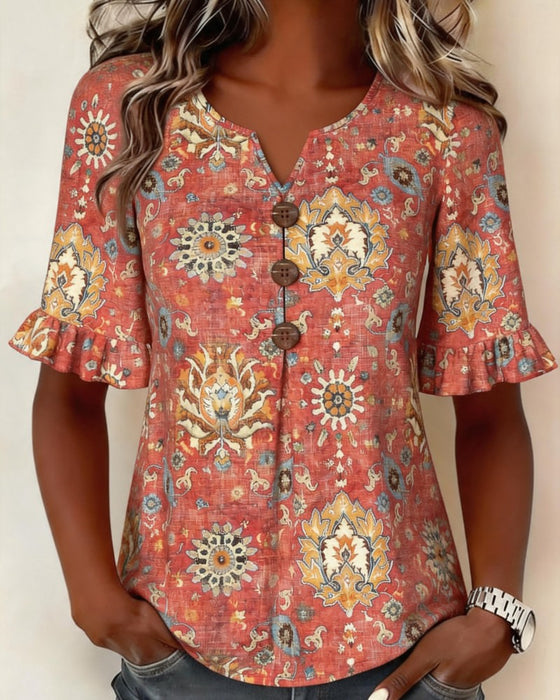 Ethnic Print Flutter Sleeve Blouse