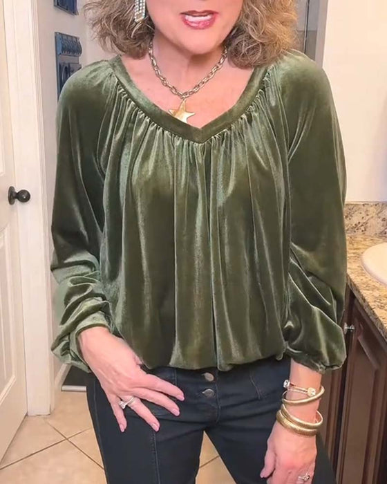 V-Neck Smocked Cutout Long Sleeve Blouse