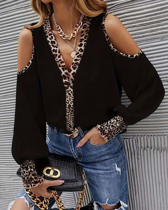 Off-Shoulder Leopard Patchwork Long Sleeve Blouse