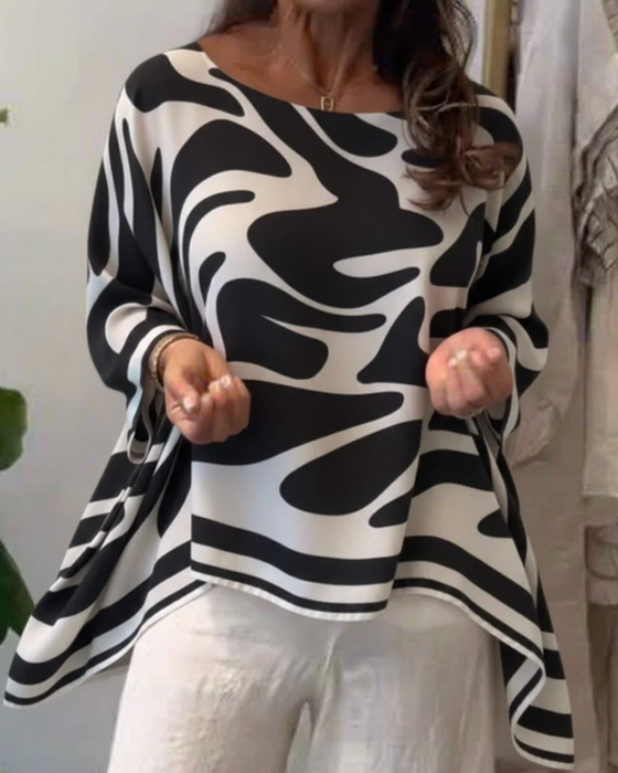 Zebra Pattern Bat Sleeves Round Neck Blouse