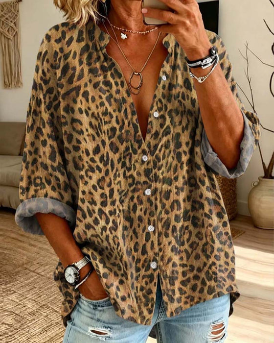 V-Neck Button Leopard Long Sleeve Shirt