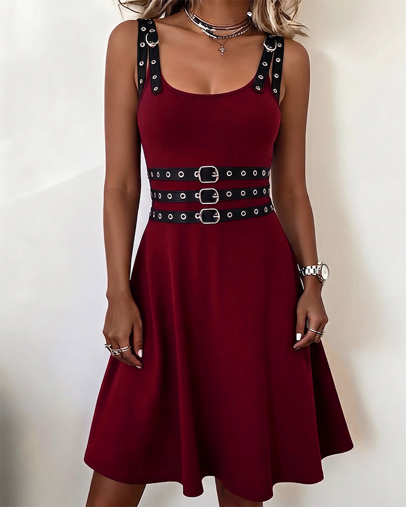 Square Neck Strappy Metal Ring Sleeveless Dress