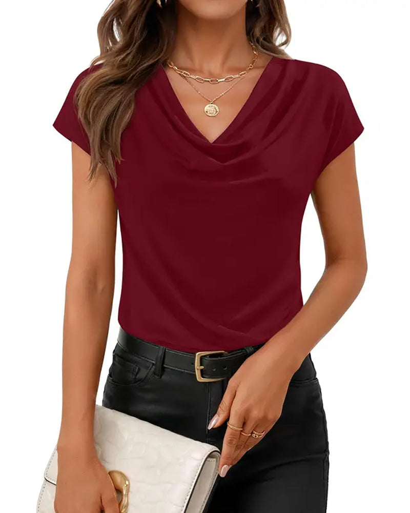 Draped Cowl Neck Short Sleeve T-Shirt