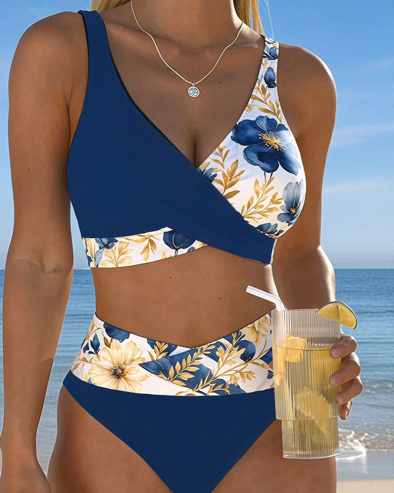Floral Color Block Patchwork Bikini