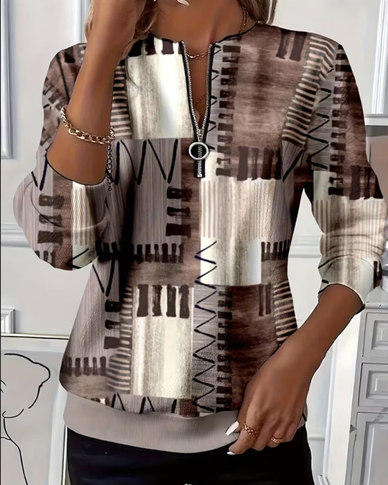 Zipper Checkerboard Color-Block Long-Sleeve Sweatshirt