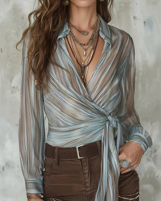 Lapel Stripe Twist Knot Blouse