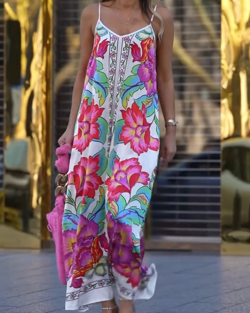 Colorful Floral Print Strappy Long Dress