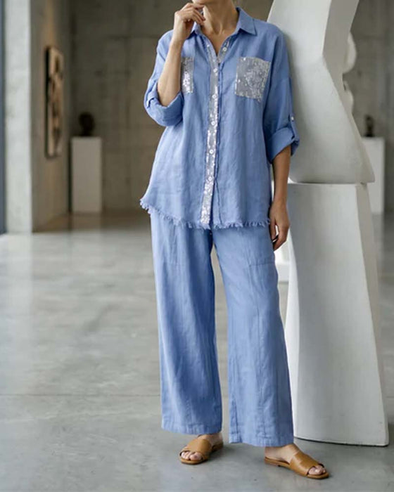 V-Neck Shirt Shimmer Wide Leg Solid Set