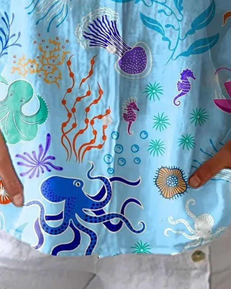 Marine Life Print Button Shirt