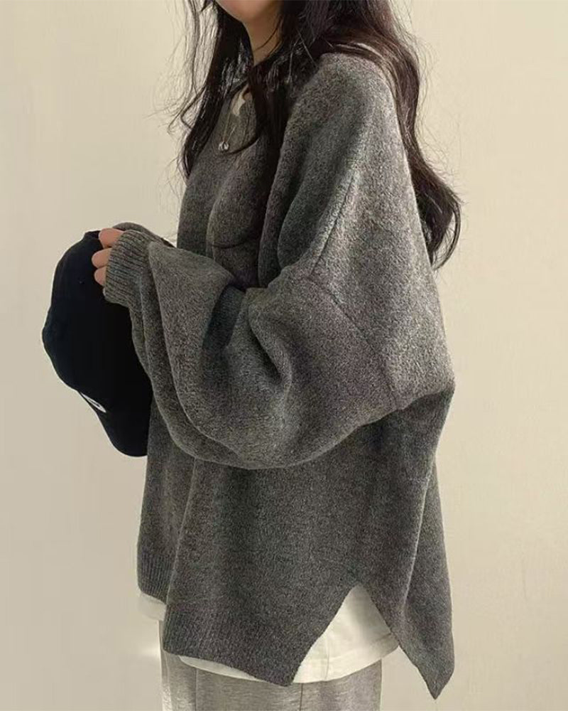 Crew Neck Side Slit Pullover