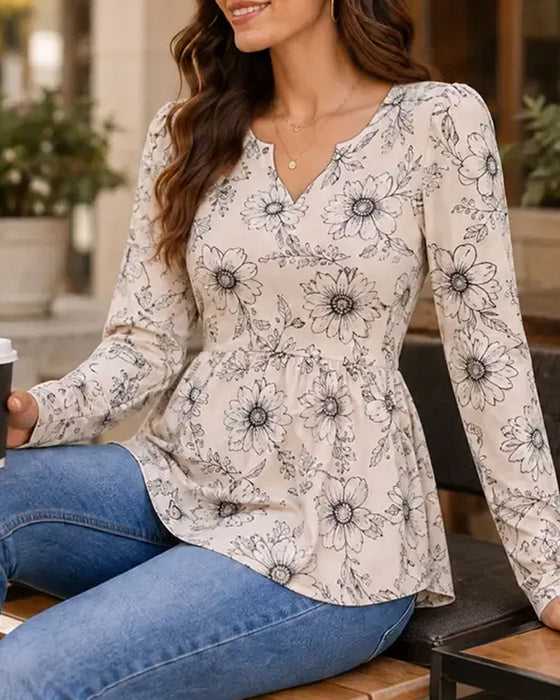 V-Neck Shirred Print Irregular Top