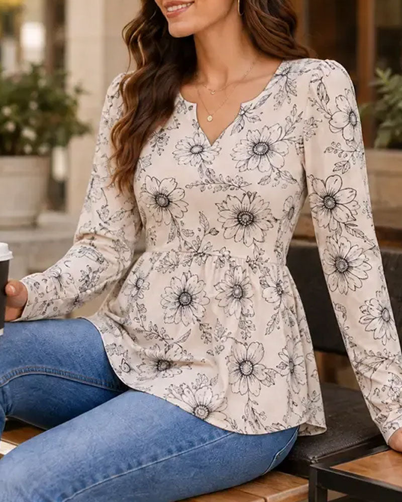 V-Neck Shirred Print Irregular Top