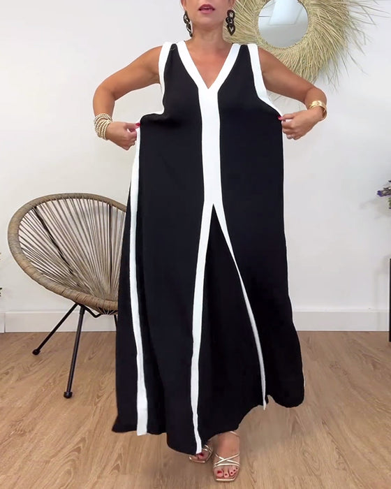 Fashionable contrasting print V-neck sleeveless dress