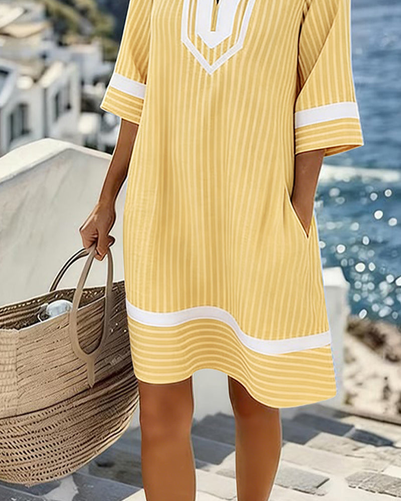 V-Neck Short Sleeve Striped Dress