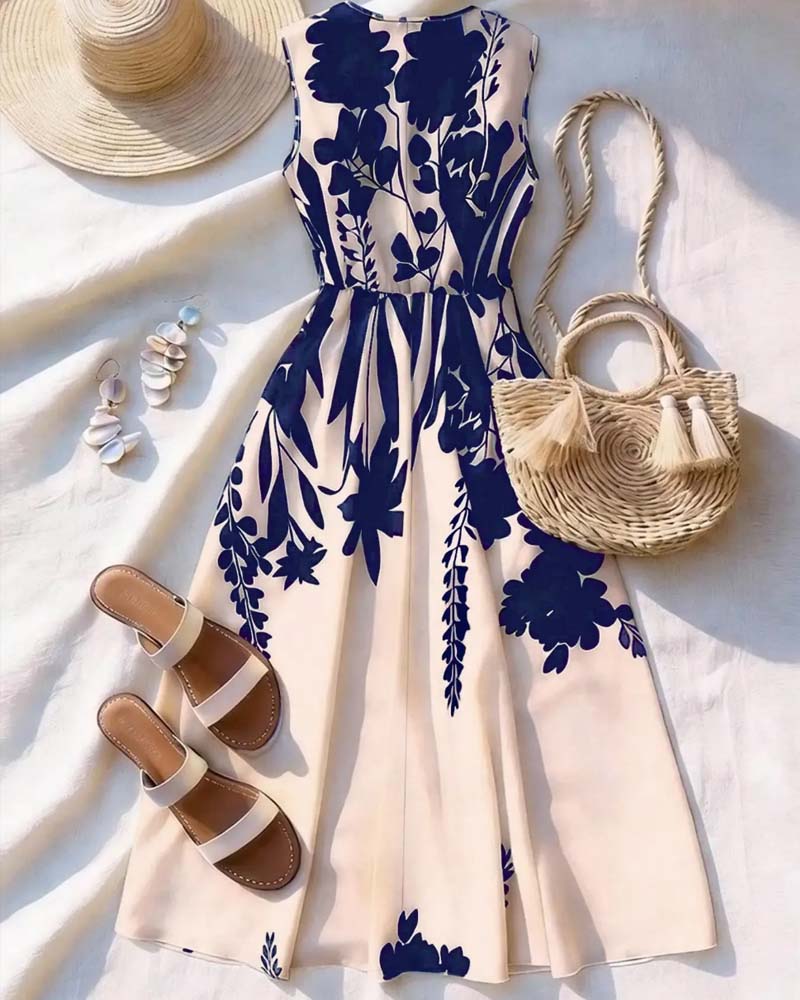 V-Neck Waist A-Line Sleeveless Dress