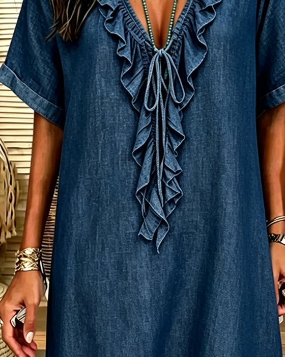V-Neck Denim Ruffle Dress