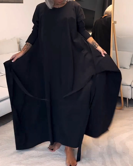 Fashion solid color pleated lace-up round neck dress