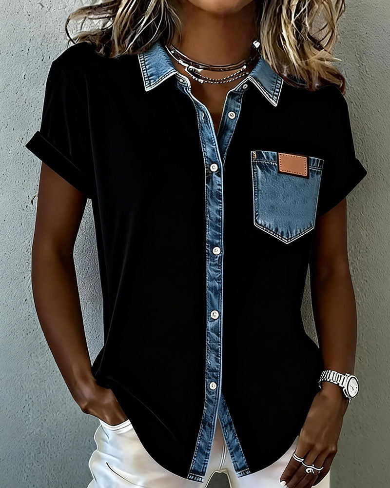 Denim Patchwork Turn-Down Collar T-Shirt