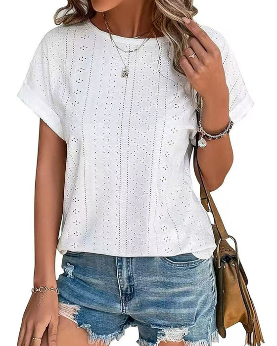 Solid Color Crew Neck Loose Short-Sleeve Blouses