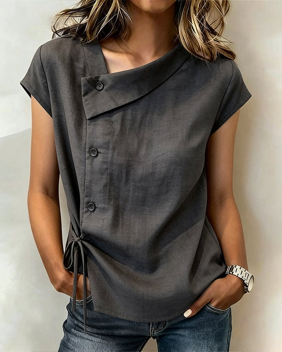 Slant Collar Solid Color Blouse