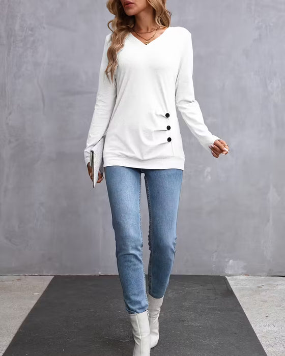 V-Neck Button-Down Long-Sleeved Top