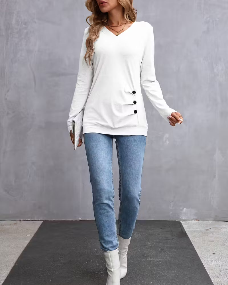 V-Neck Button-Down Long-Sleeved Top
