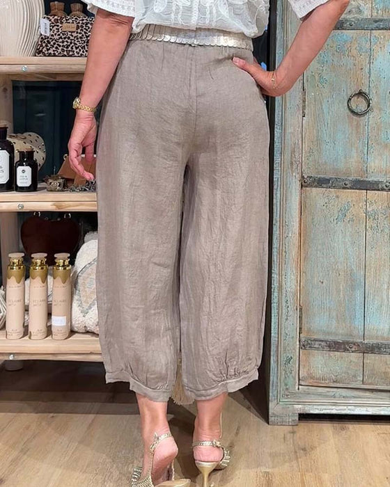 Elastic Waist Pocket Wide Leg Cropped Pants