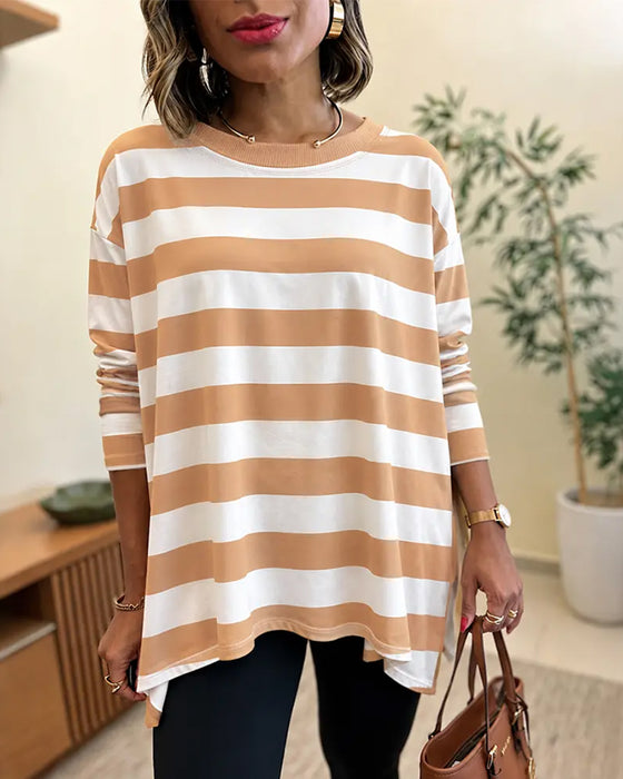 Wide Striped Crew Neck Long Sleeve Top