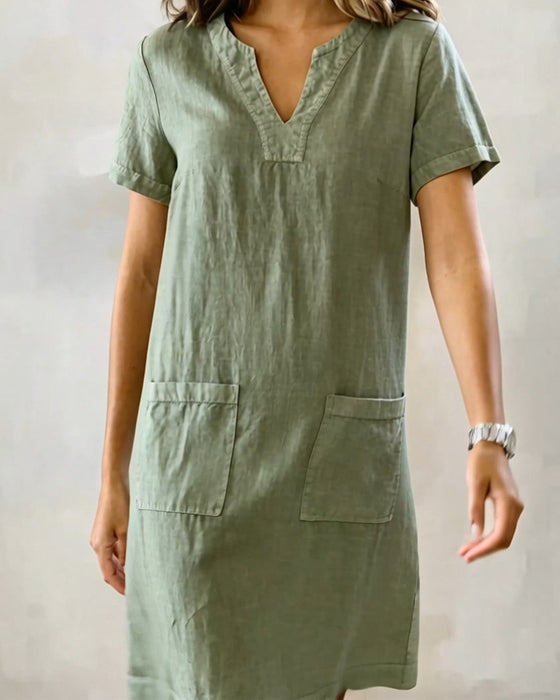 Small V-Neck Pocket Shift Dress