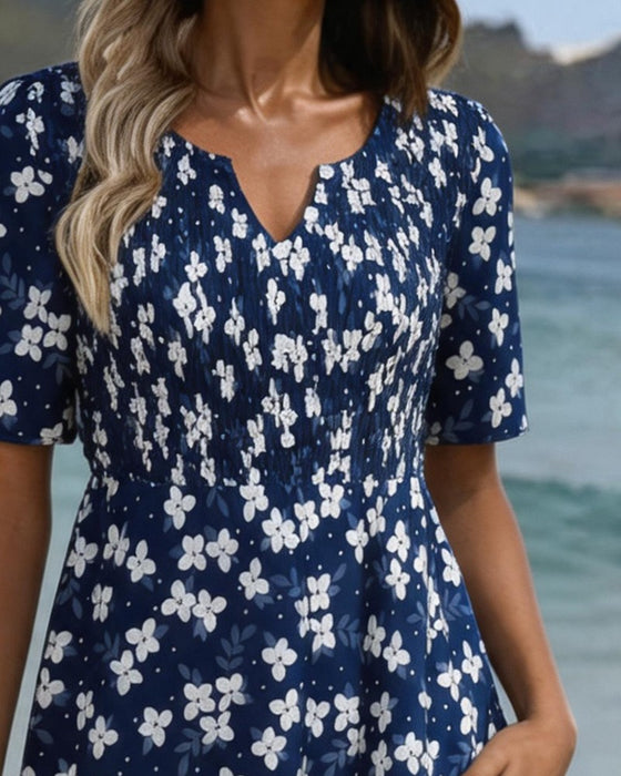 Small Floral Waist-Cinching A-Line Midi Dress