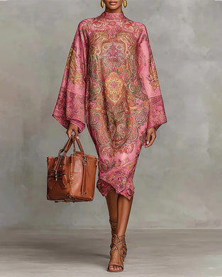 High-Neck Vintage Print Dress