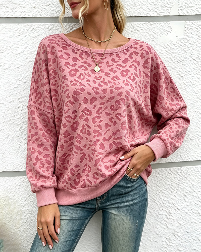 Leopard Crewneck Drop Shoulder Pullover Sweatshirt