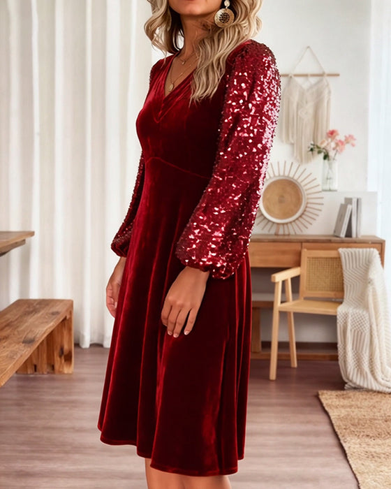 Casual V-Neck Solid Color Velvet Dress