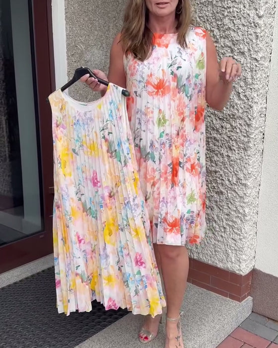 Sleeveless Pleated Floral Dress