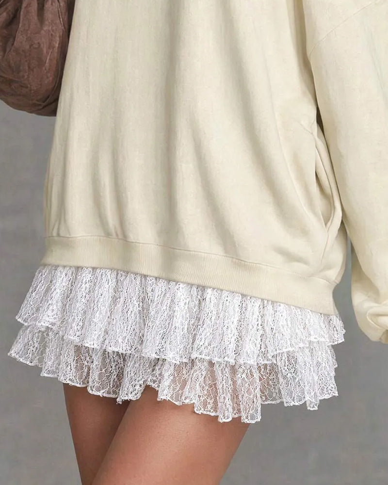 Cold Shoulder Lantern Sleeve Lace Patchwork Dress