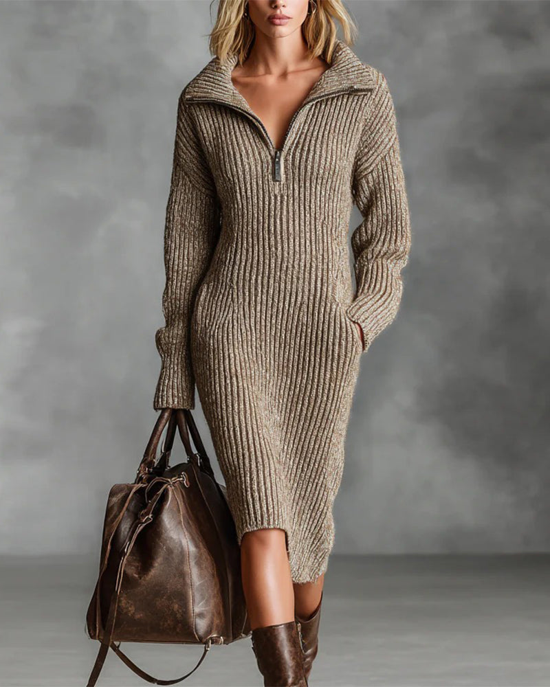 Stylish Solid Color Pocket Sweater Dress