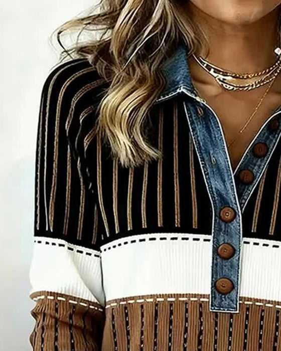 Button-Down Collar Color-Block Versatile Sweatshirt