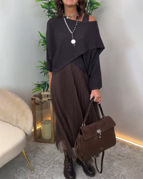 Elegant Asymmetric Sweater & Lace Skirt Set