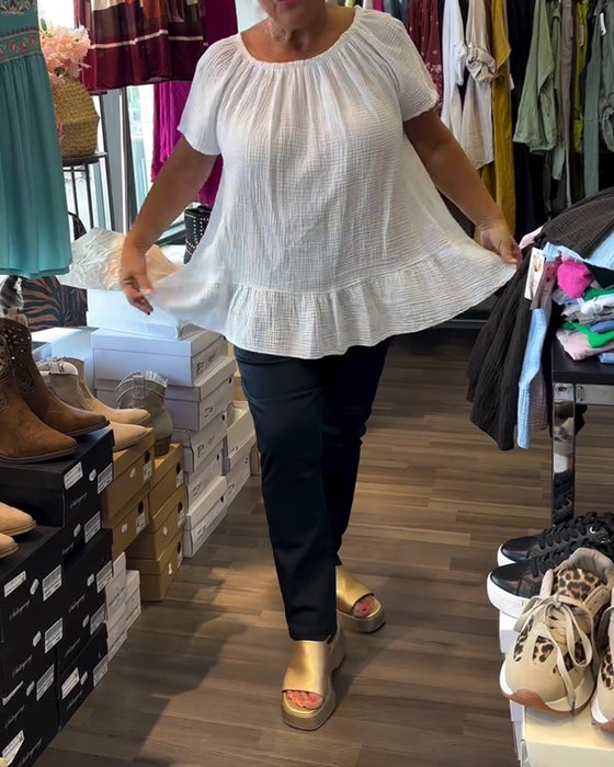 Crew Neck Smocked Relaxed Solid Blouse