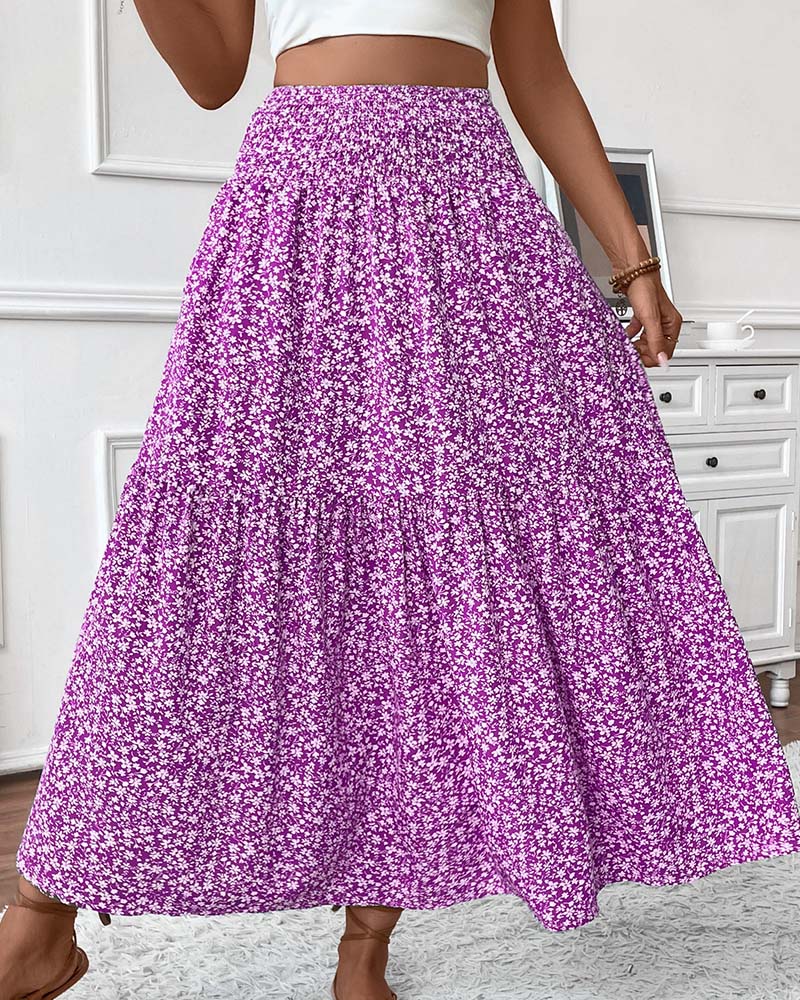 Layered Tiny Flower Print A-Line Long Skirt