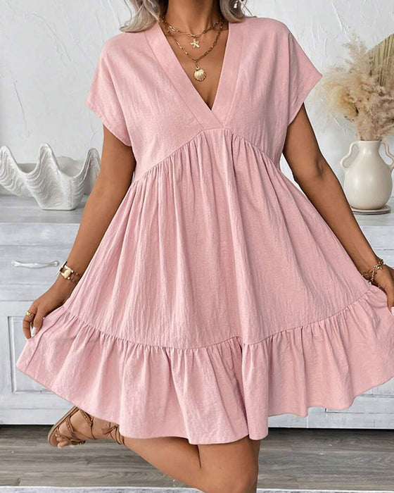 Solid V-Neck Ruffle-Trim Dress